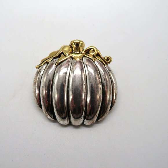 Vintage Best Brooch Pendant 2" Pumpkin Shaped Silver Gold Tone Vintage - Picture 2 of 11